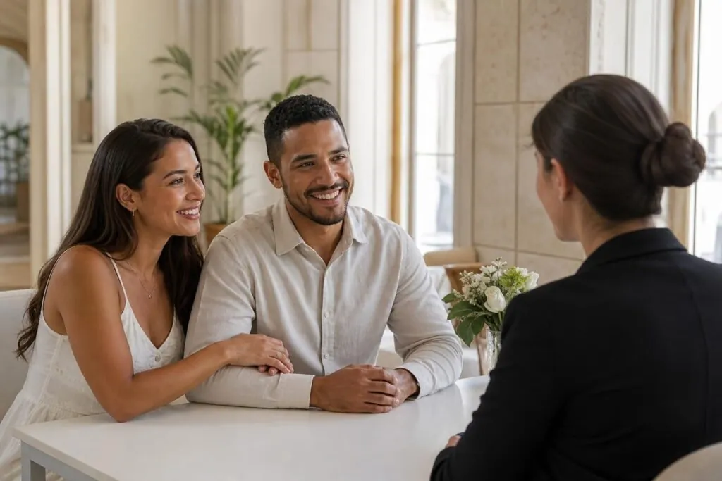 Casal em atendimento para iniciar o processo de casamento em Portugal