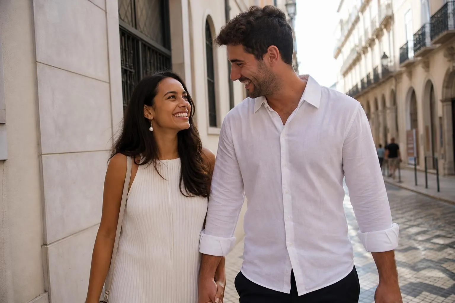 Noivos caminham por Lisboa após tratar do casamento civil