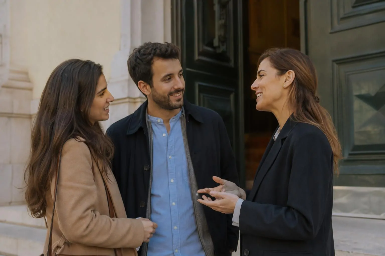Casal conversa com advogado diante de uma Conservatória em Portugal