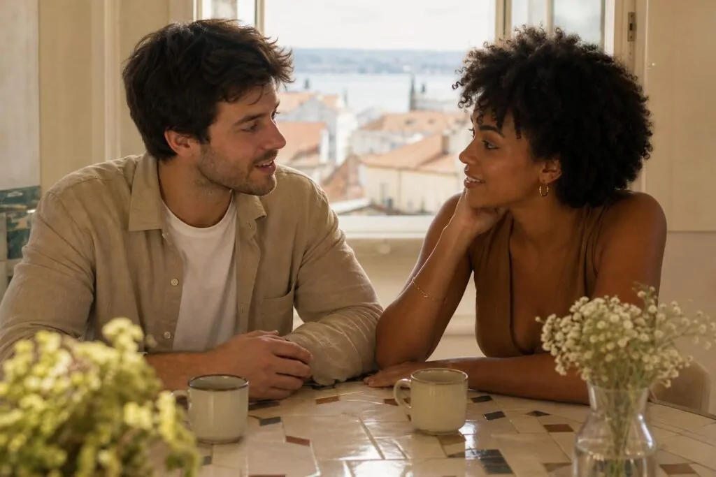Casal internacional planejando o casamento em Portugal