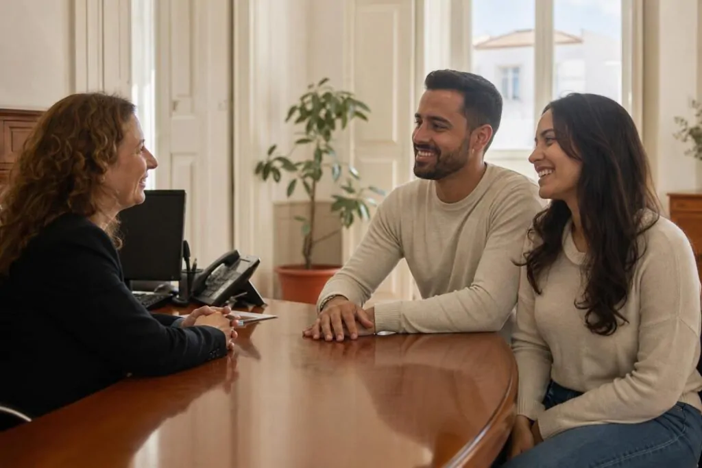 Casal conversa com atendente de registo civil sobre o processo de casamento em Portugal
