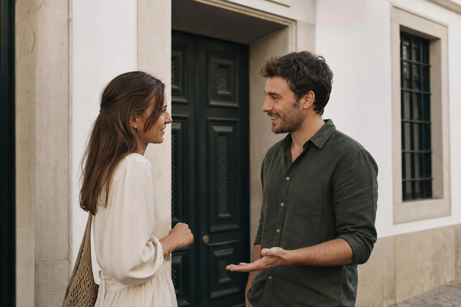 Casal conversando sobre o casamento em frente a uma Conservatória do Registo Civil em Portugal