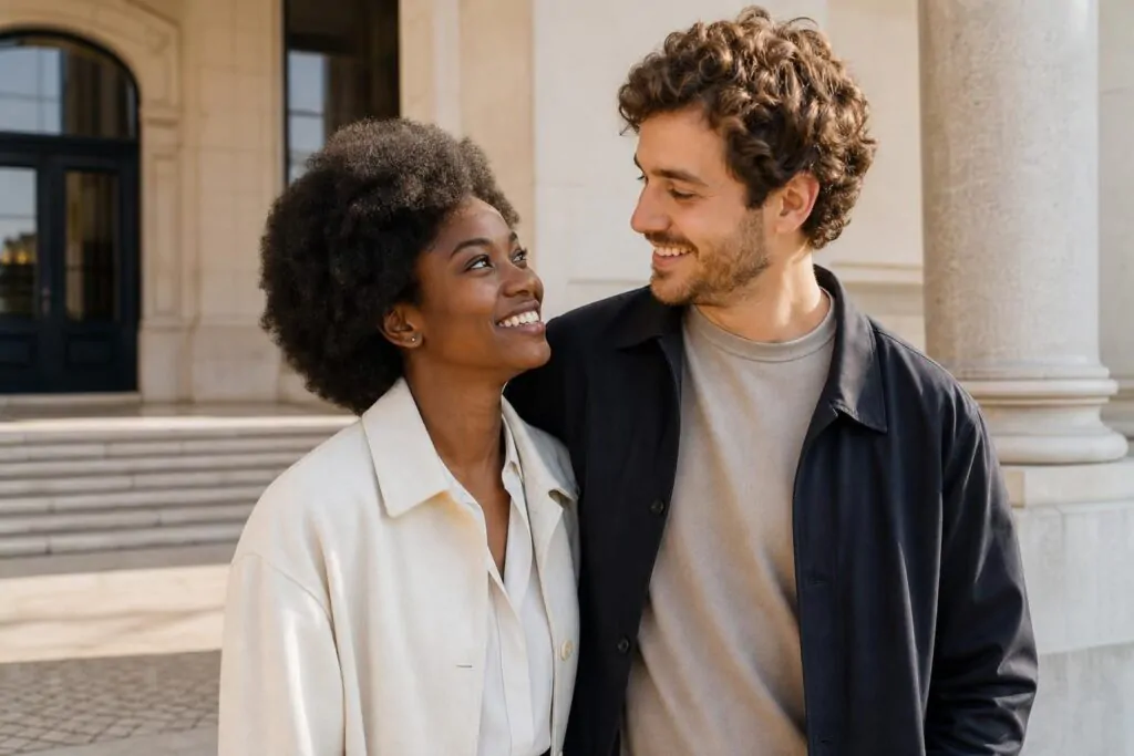 Casal estrangeiro em Portugal planejando a vida juntos depois do casamento