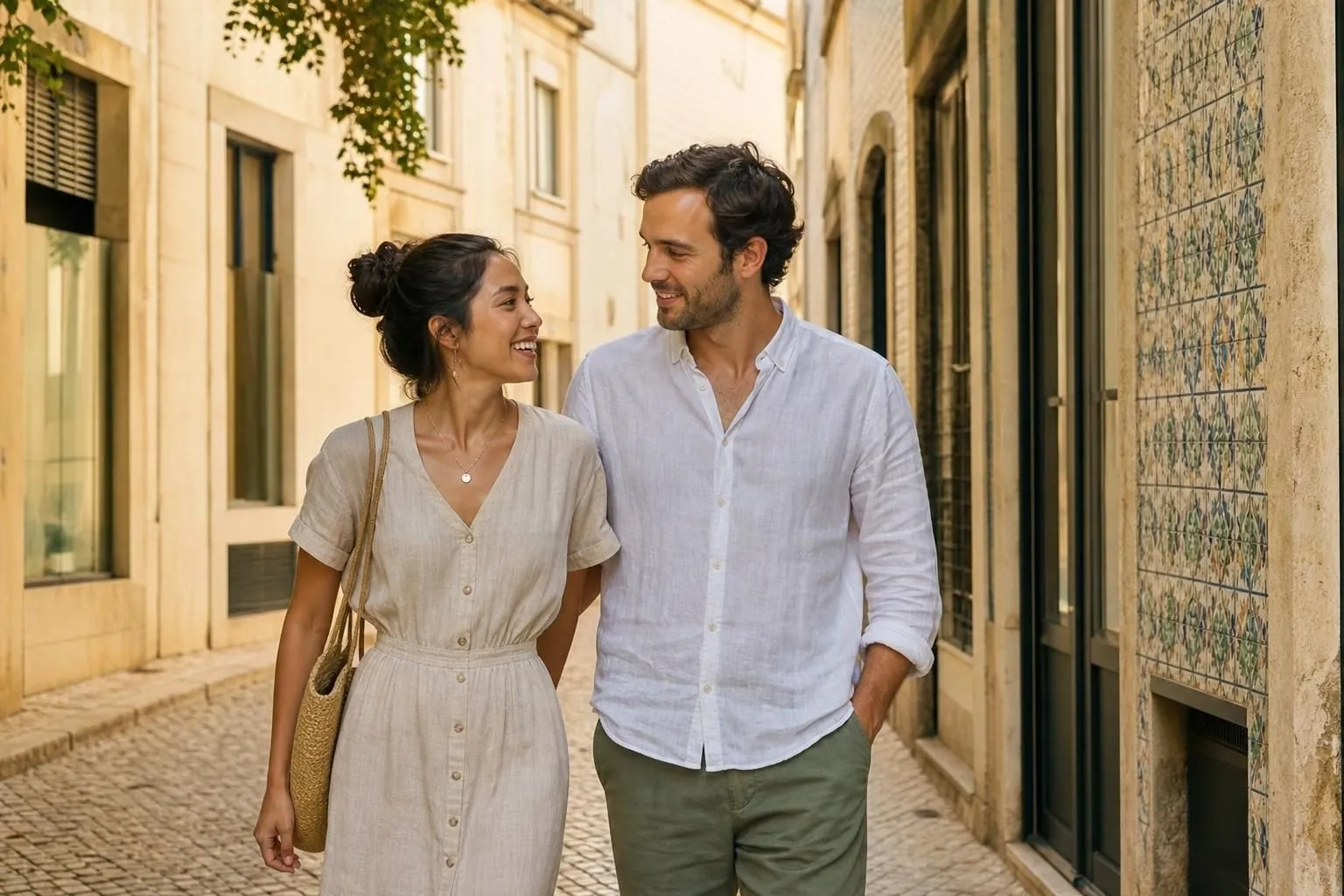 Casal internacional caminhando por uma rua de Lisboa
