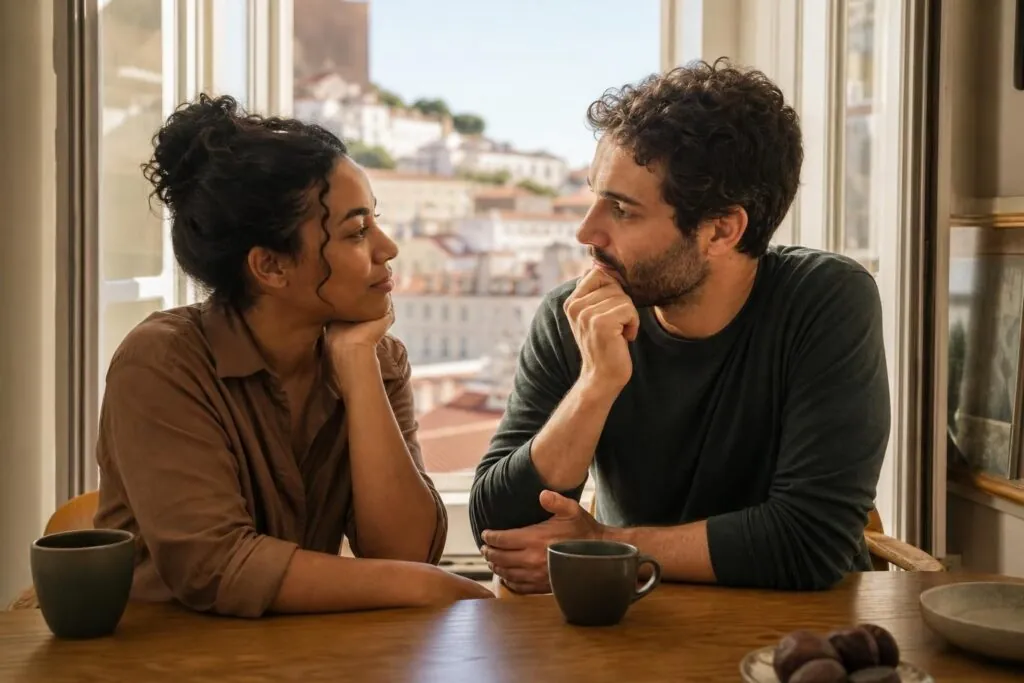 Casal formado por uma brasileira e um português conversando sobre o casamento em Portugal