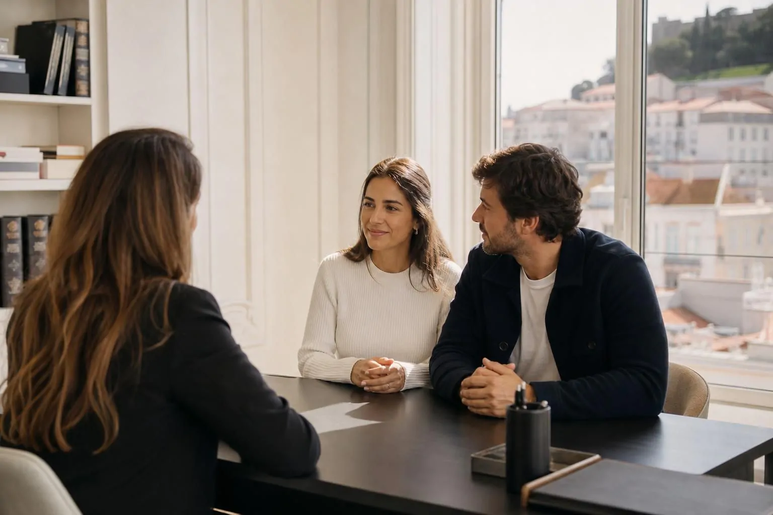 An international couple discussing their wedding plans with a lawyer in Portugal