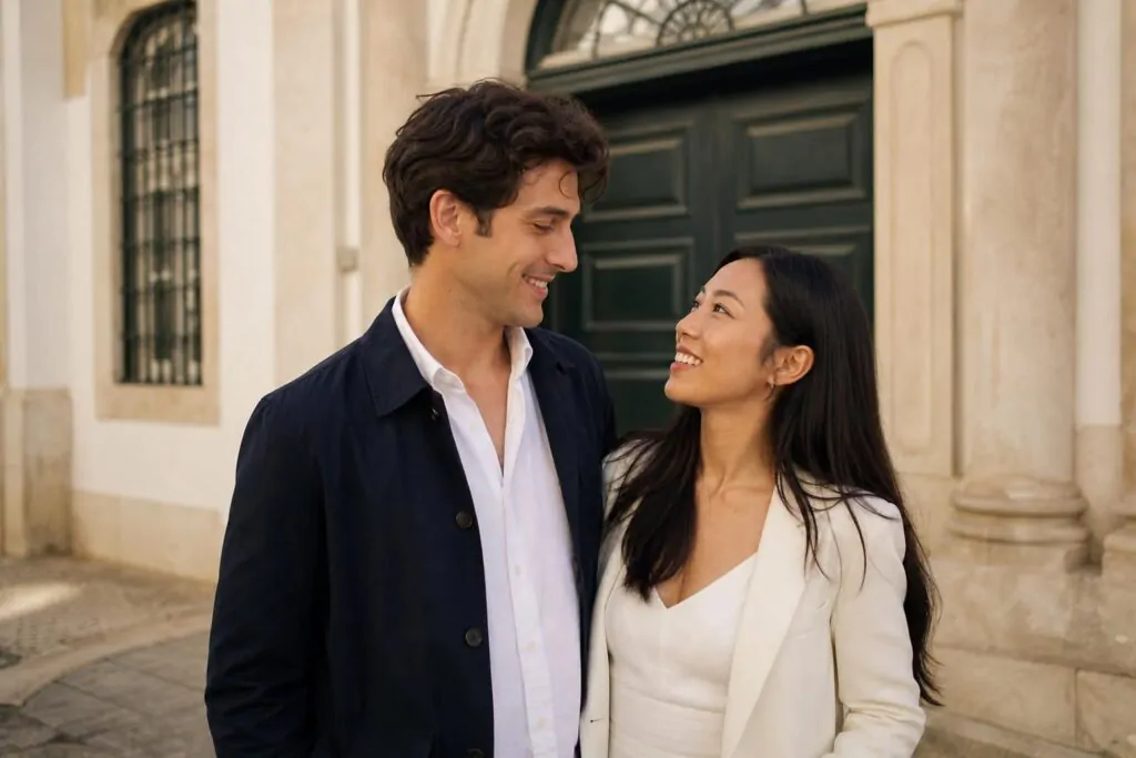 An international couple outside a historic civil registry building in Portugal