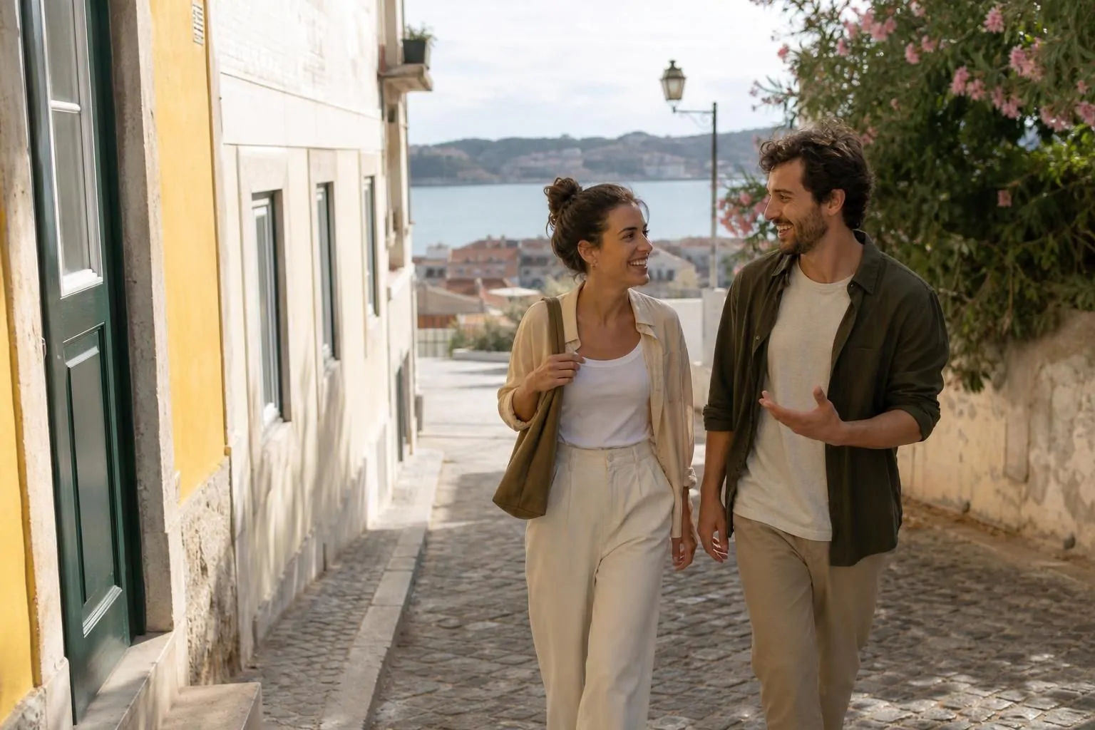 Couple walking together in a Portuguese city
