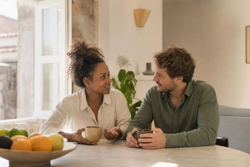 International couple discussing residence in Portugal