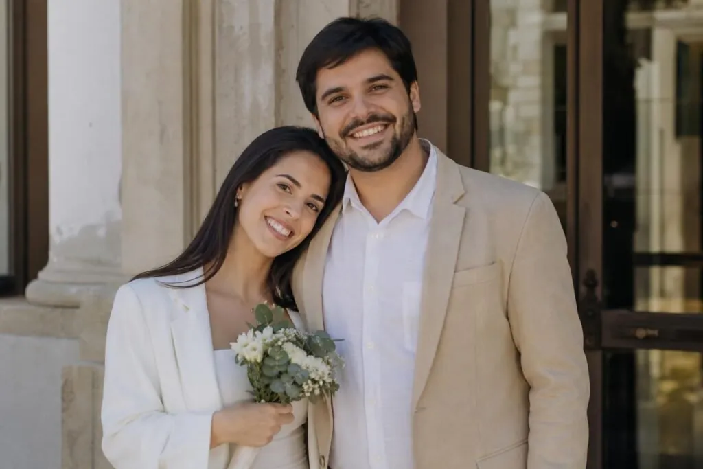 Casal diante de um edifício de registro civil em Portugal
